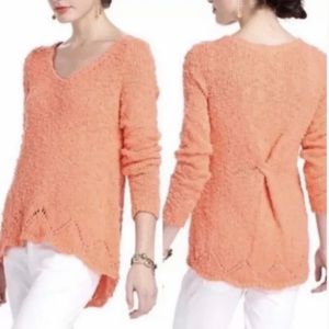 Anthropologie Yellow Bird Pointelle Sweater Coral V-neck nubby twist back hi low